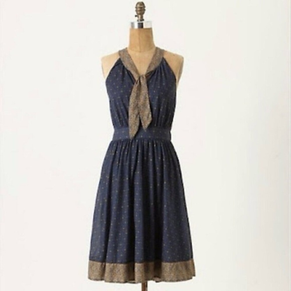 ANTHROPOLOGIE DELETTA Blue Patterned Windsor Knot Neck Tie Sleeveless Dress M